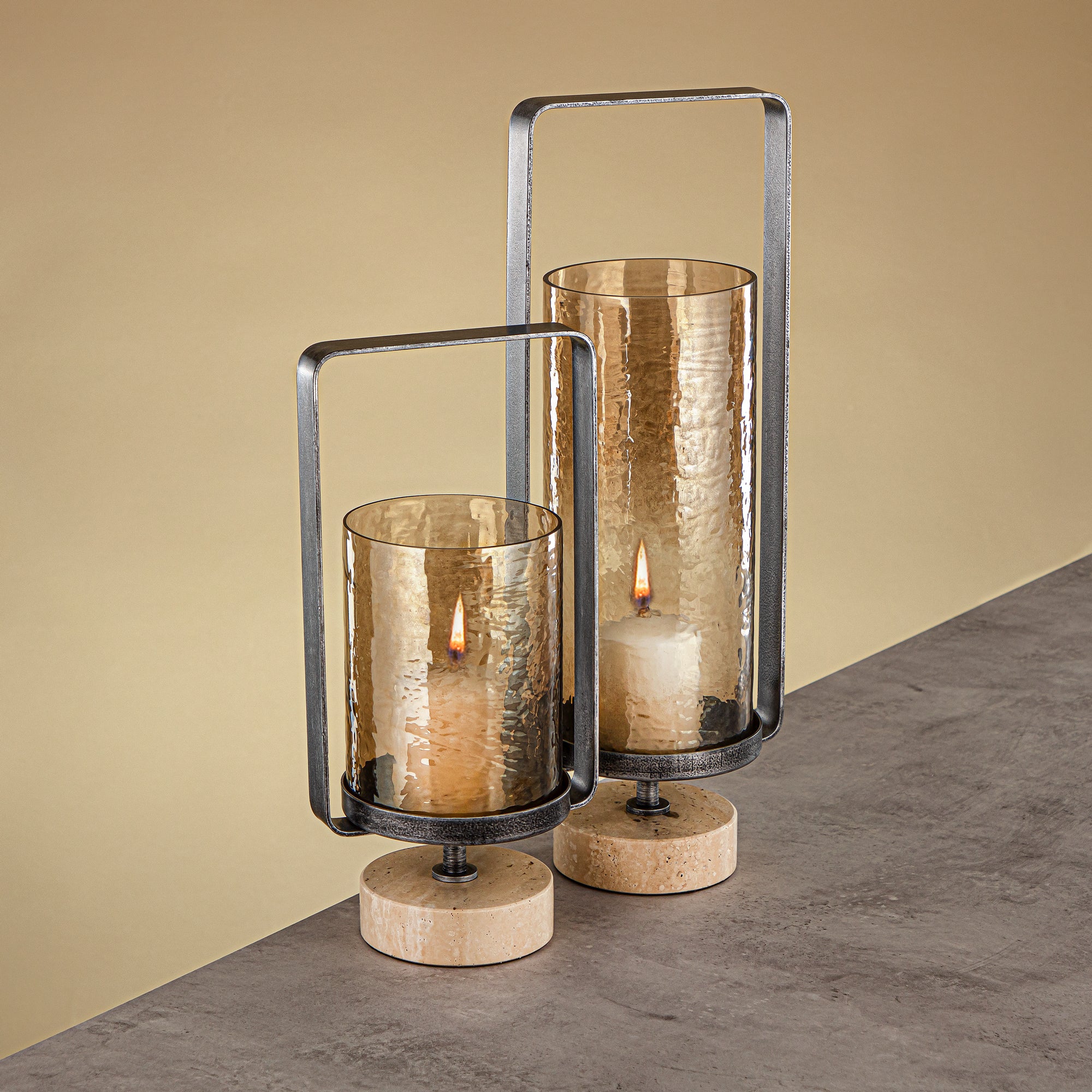 Almarjan Kalon Hurricane Lantern Hammered Copper Brown Glass 16x10.5x43.5 CM Brushed Grey & Travertine Base (GMT2960032)