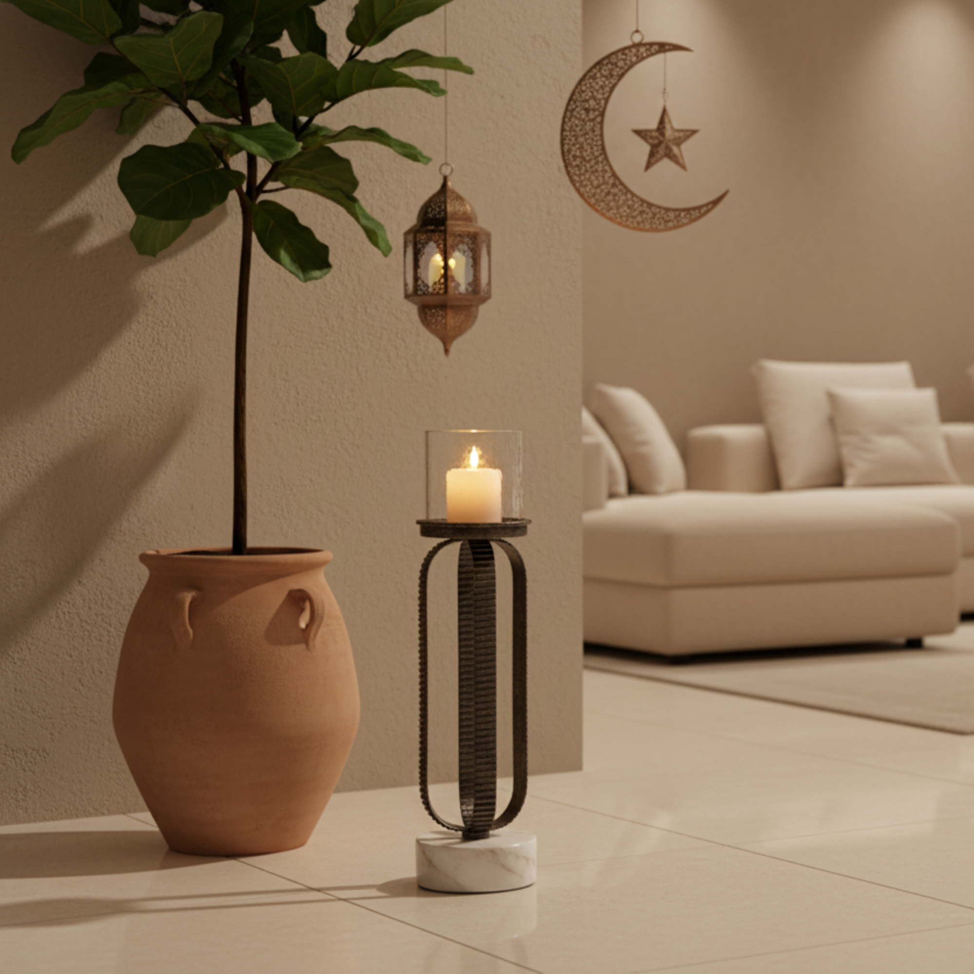 Almarjan Pillar Candle Holder 39cm Rustic Silver