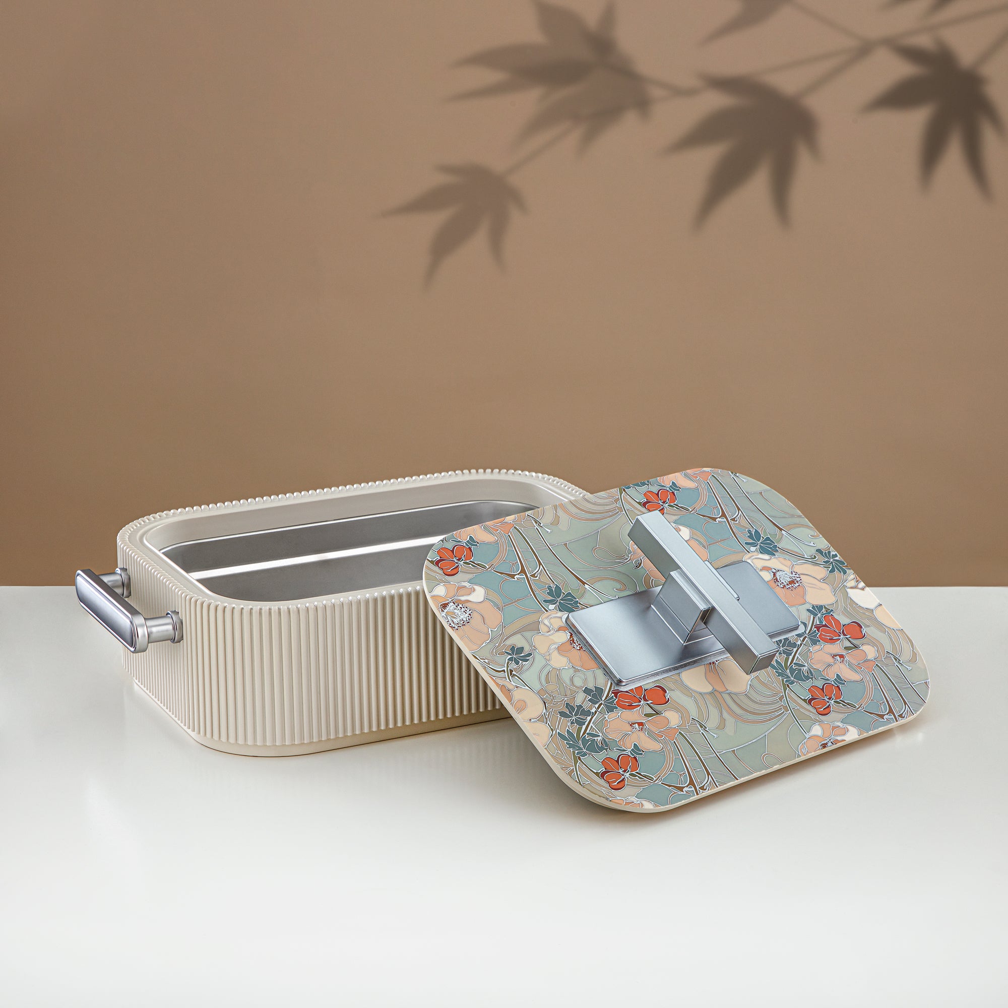 Almarjan Hot Pot ABS, 3000ML, Floral Beige & Matt Silver (HP06-300SP-AZ02S) - Elegant Serving