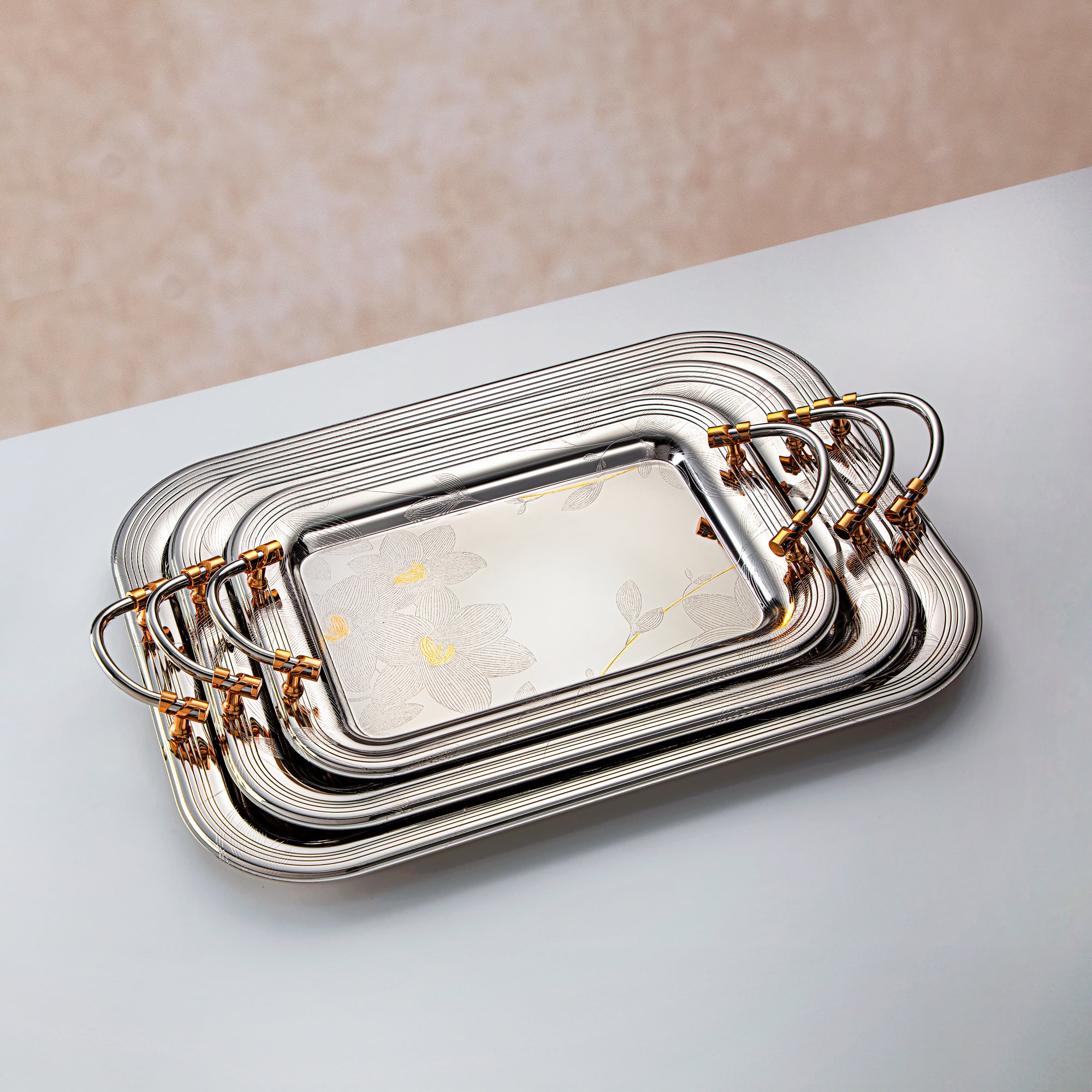 Almarjan 3 Pieces Serving Tray Set Nickel & Gold - HT2305011