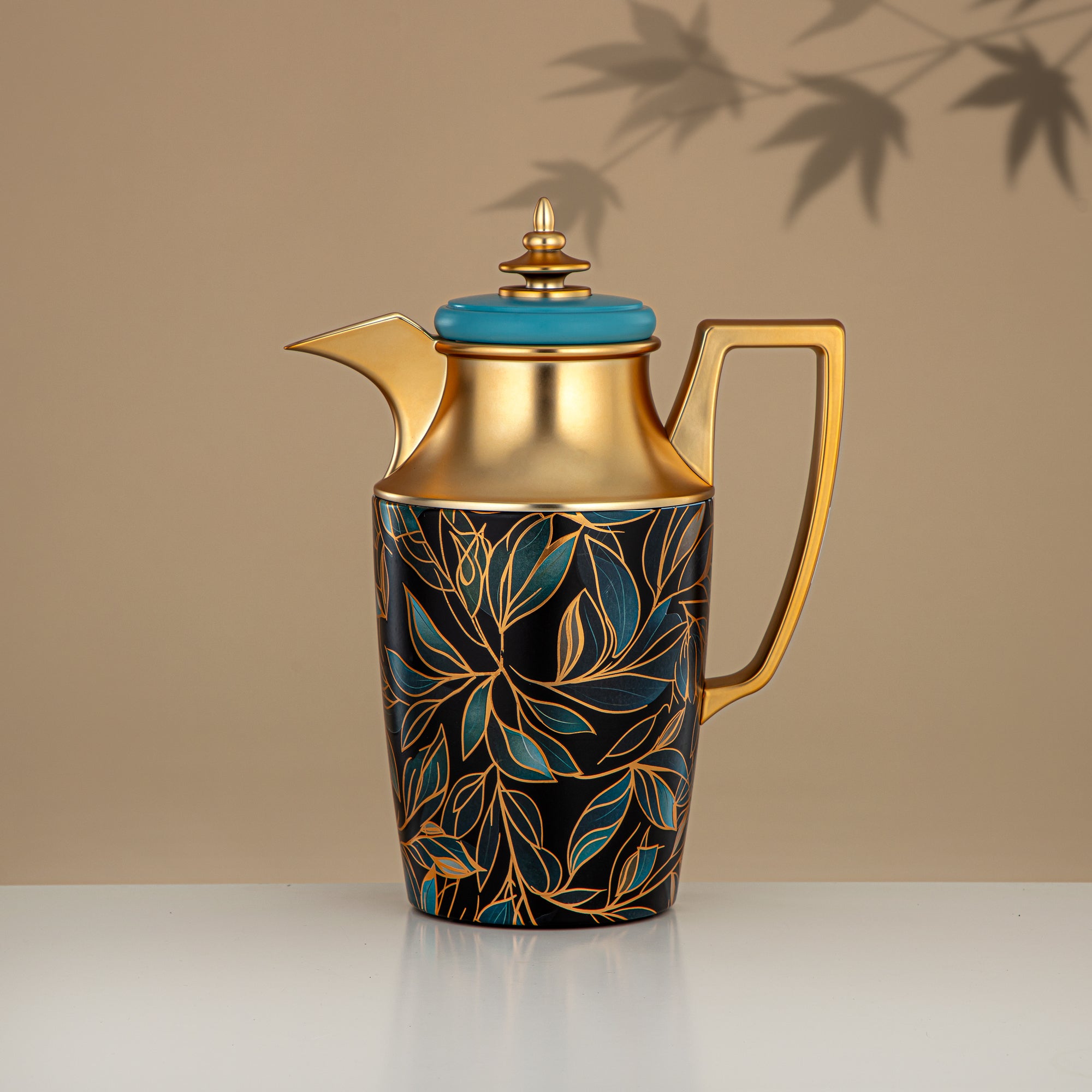 Almarjan Vacuum Flask Set, Push Button, 1L + 1L, Floral & Matt Gold (JBH10T/10C-AZ03G) - Tea & Coffee Vacuum Flask