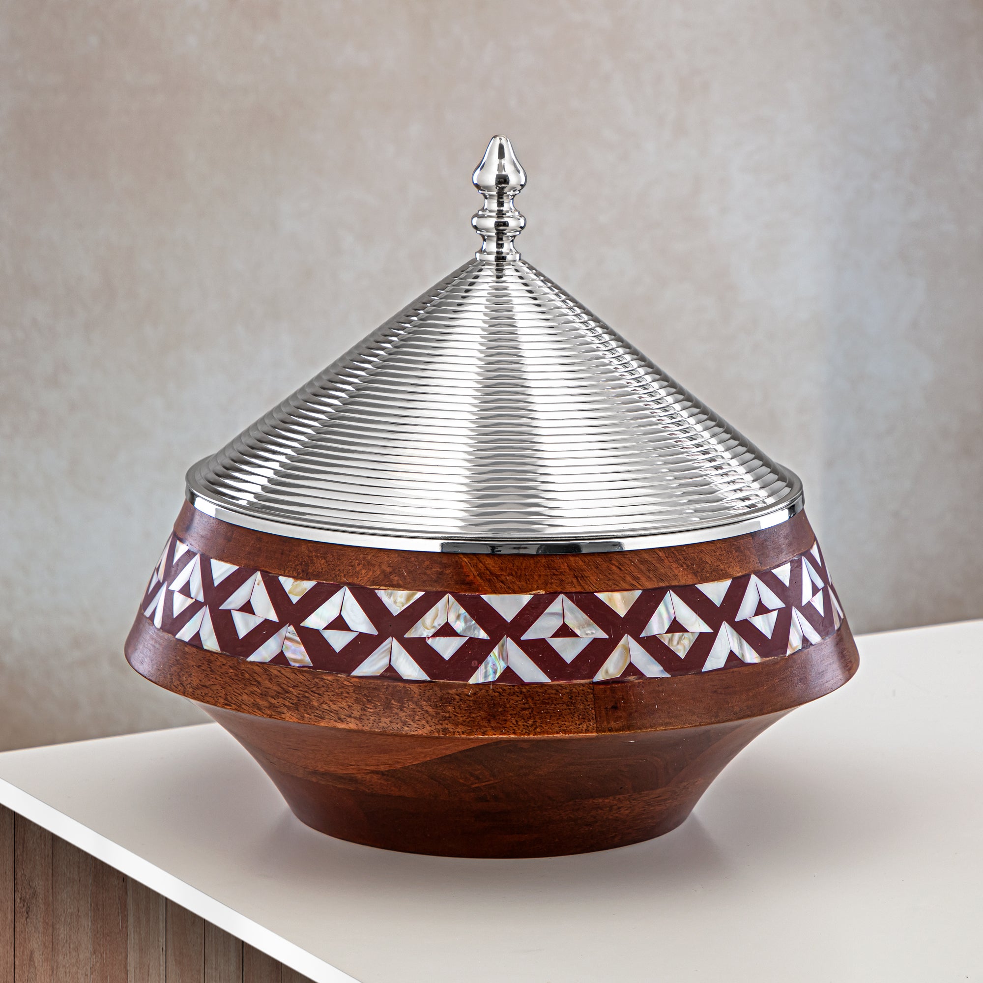 Almarjan 28 CM Brass Hot Pot Wood & Silver - MD-0431 B