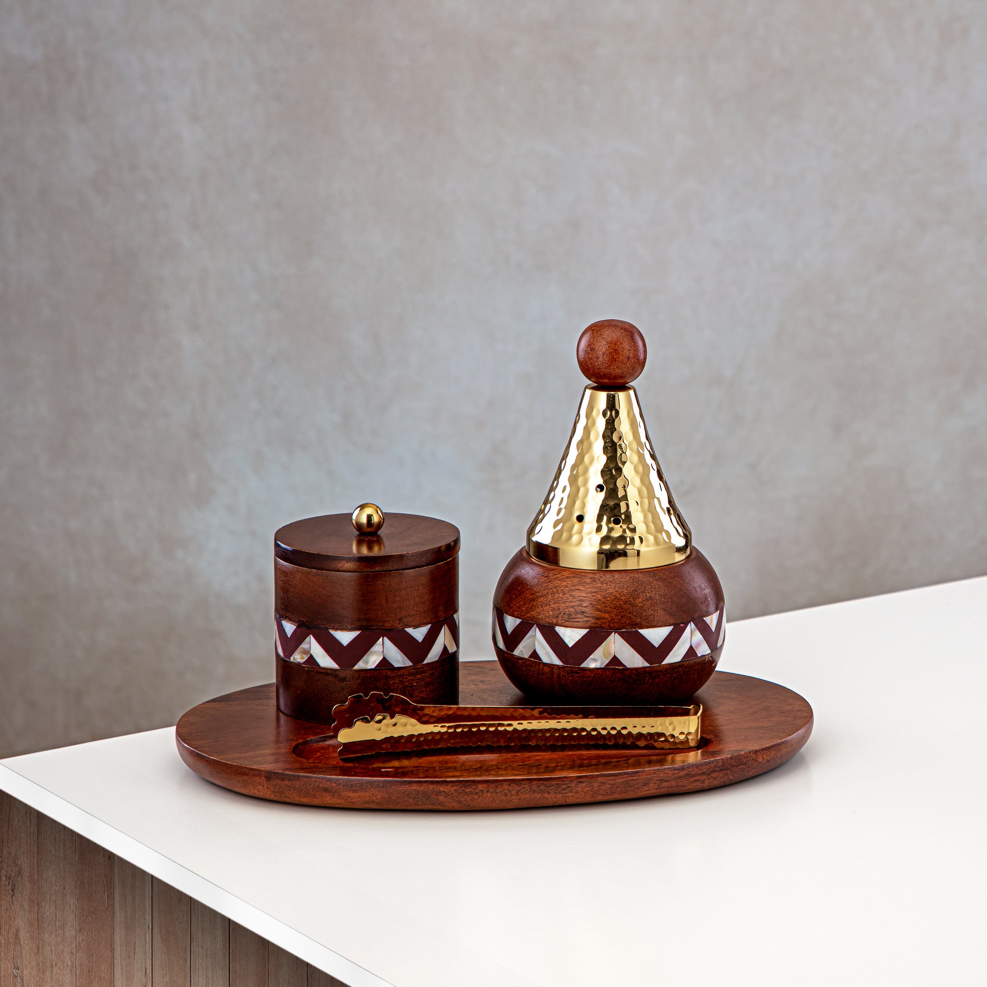 Almarjan 4 Pieces Incense Burner Set Wood & Gold - MD-269 B