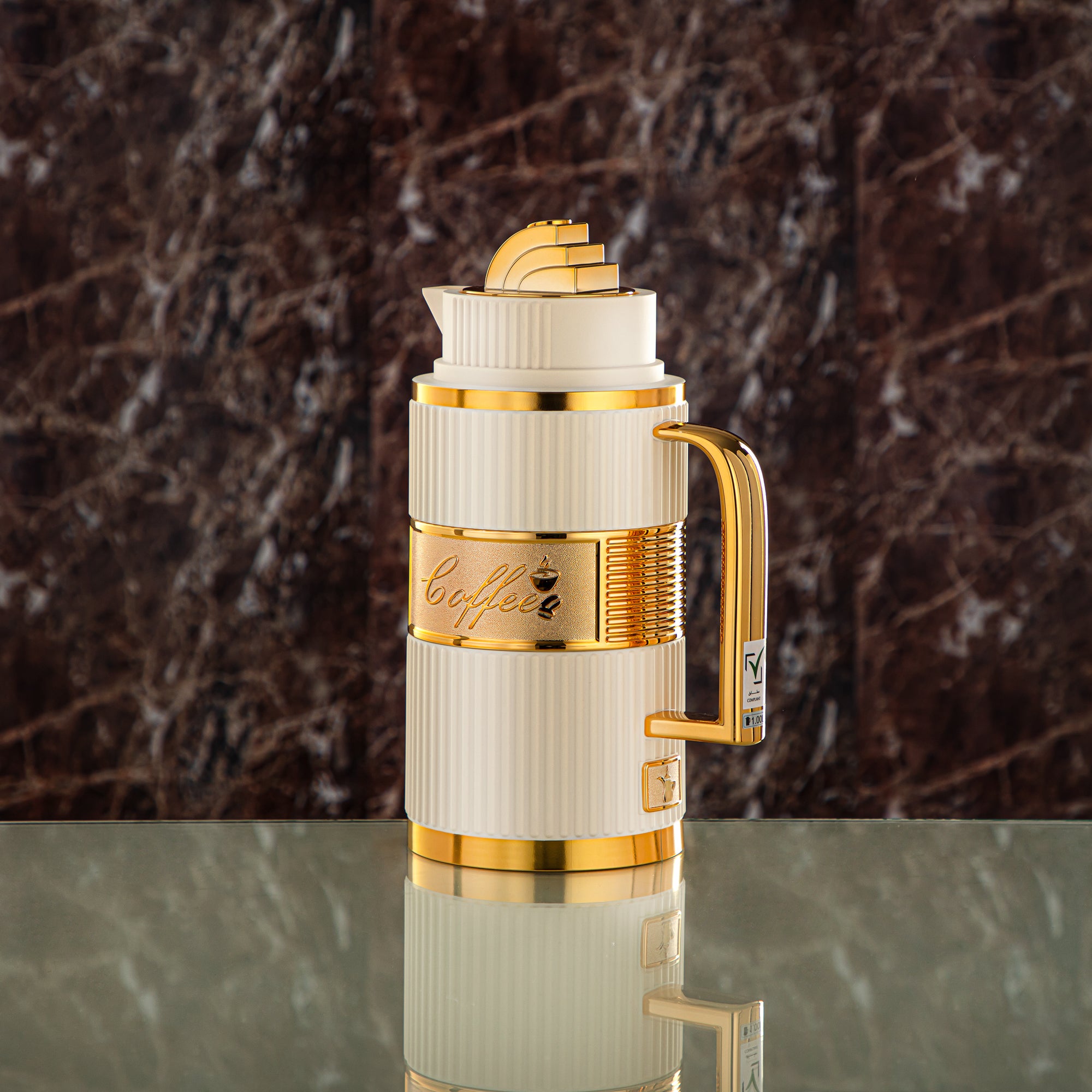 Almarjan Vacuum Flask Set, ABS, Push Button - 1L + 1L, Ivory & Gold (OUD-MIVYG) - Tea & Coffee