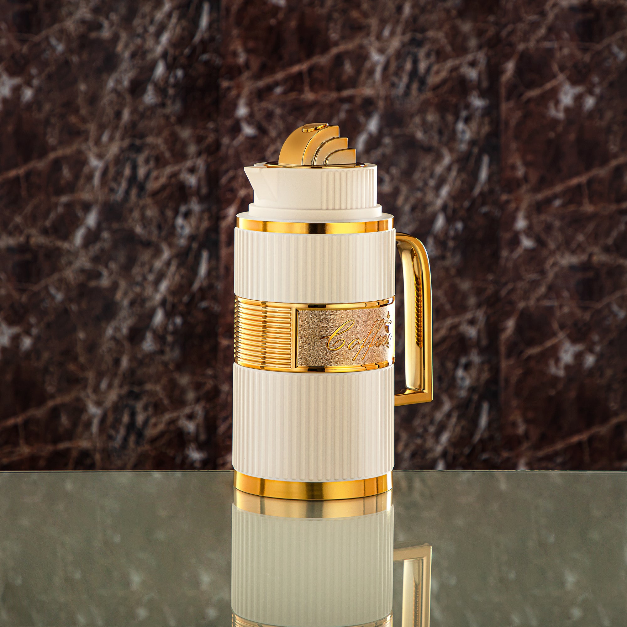 Almarjan Vacuum Flask Set, ABS, Push Button - 1L + 1L, Ivory & Gold (OUD-MIVYG) - Tea & Coffee