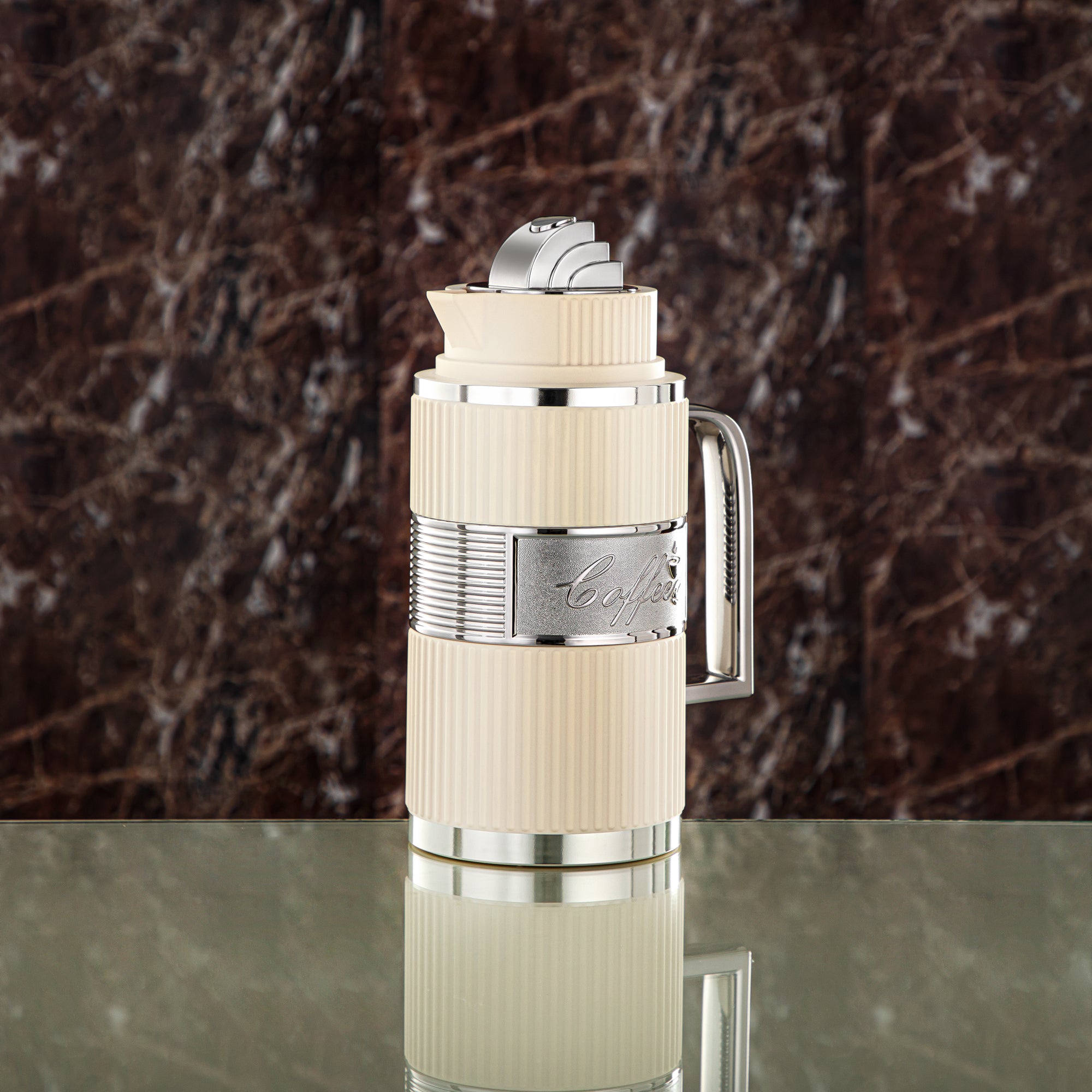 Almarjan Vacuum Flask Set, ABS, Push Button - 1L + 1L, Ivory & Silver (OUD-MIVYS) - Tea & Coffee