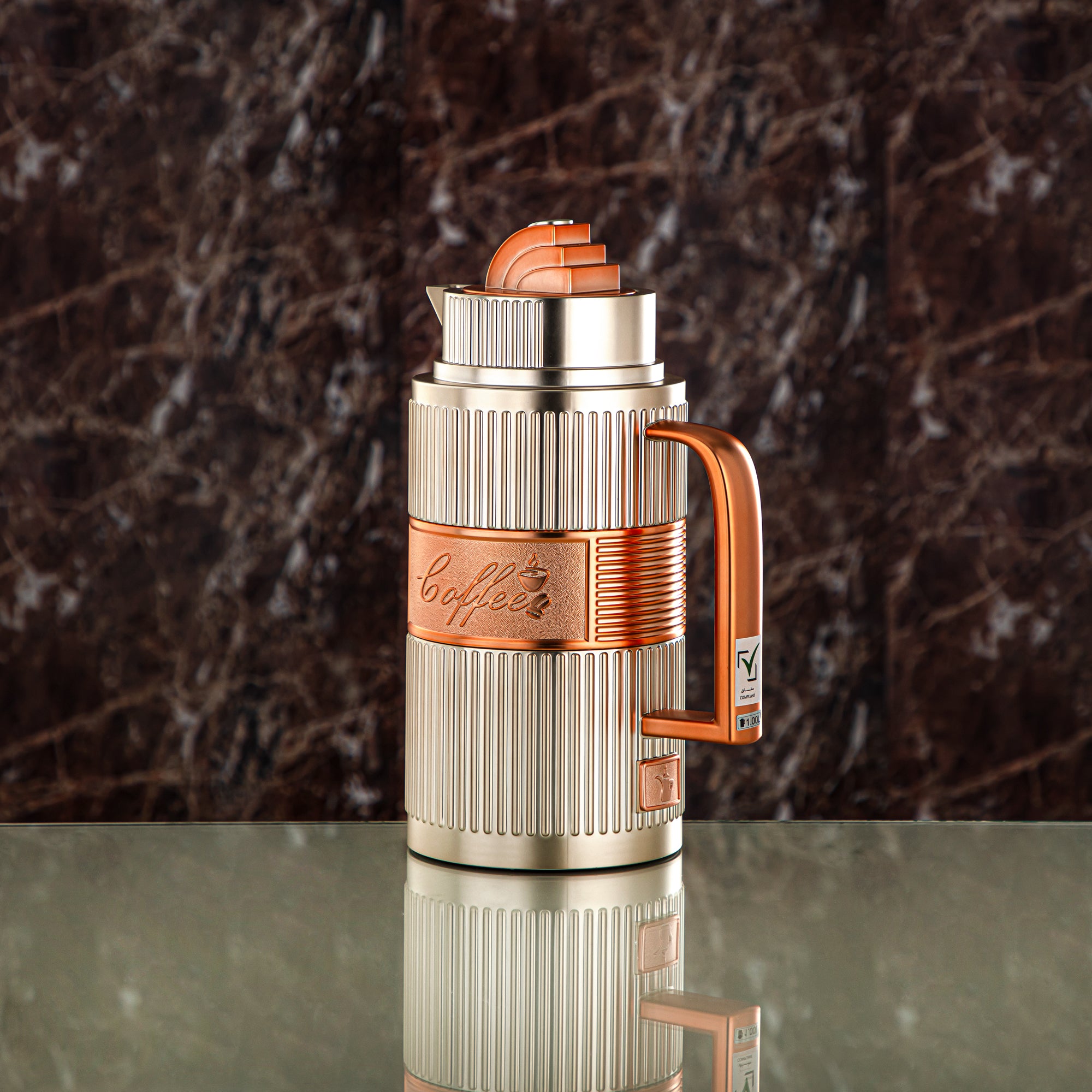 Almarjan Vacuum Flask Set, ABS, Push Button - 1L + 1L, Matt Silver & Matt Copper (OUD-MNMCP) - Tea & Coffee