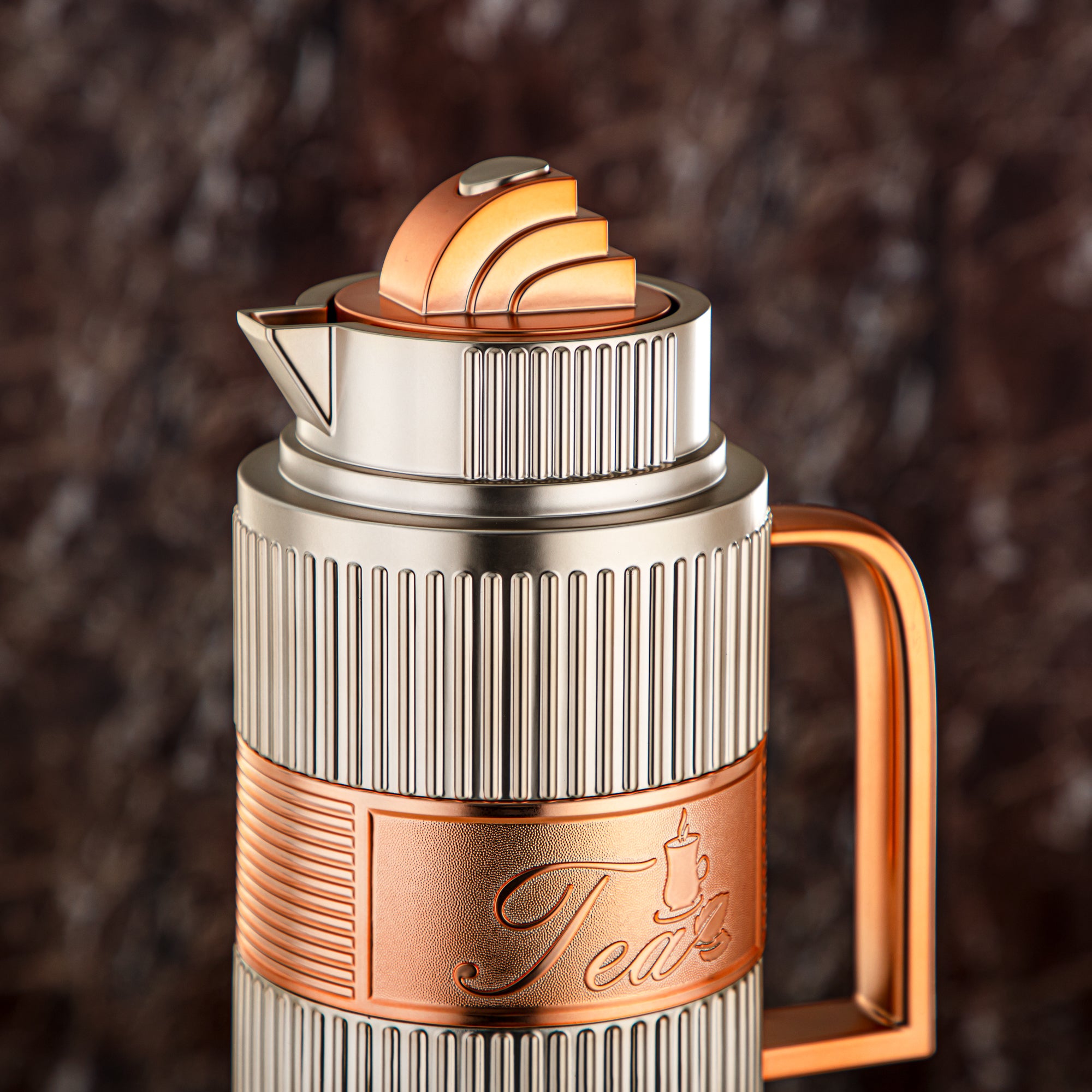 Almarjan Vacuum Flask Set, ABS, Push Button - 1L + 1L, Matt Silver & Matt Copper (OUD-MNMCP) - Tea & Coffee