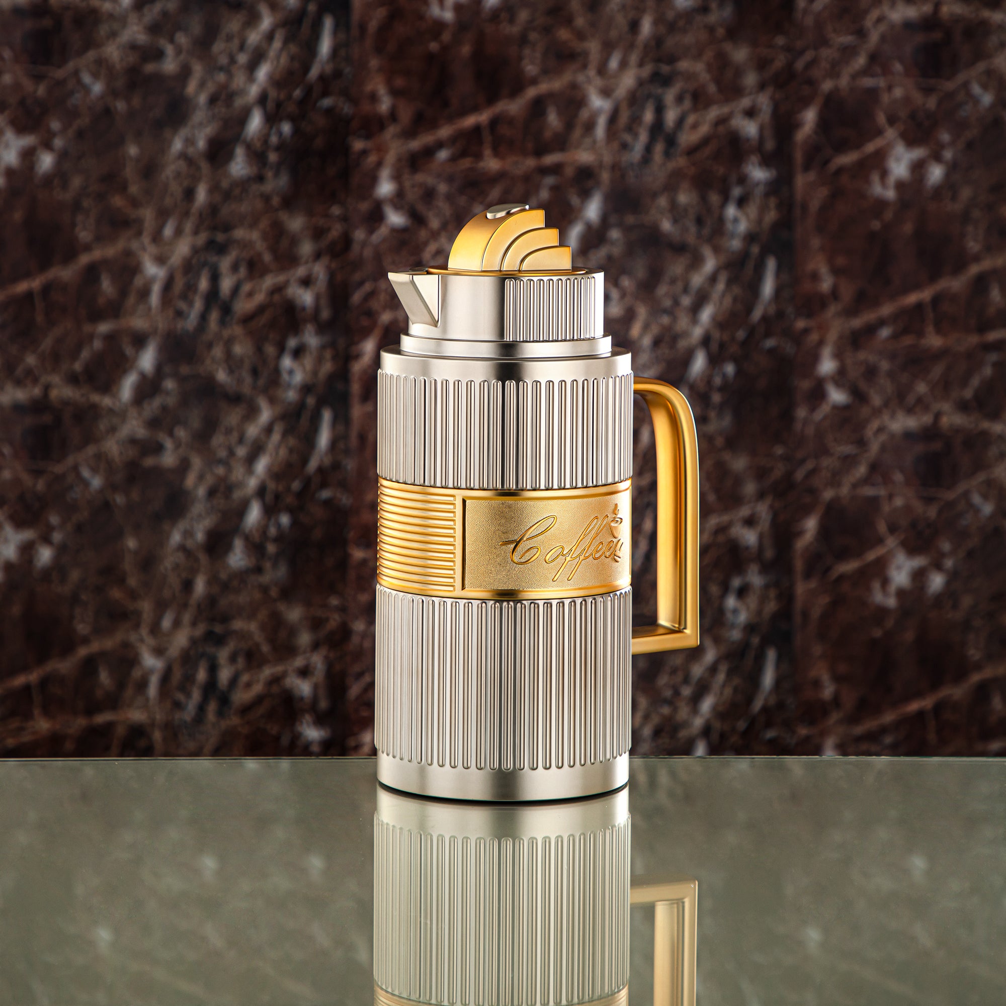 Almarjan Vacuum Flask Set, ABS, Push Button - 1L + 1L, Matt Silver & Matt Gold (OUD-MNMG) - Tea & Coffee