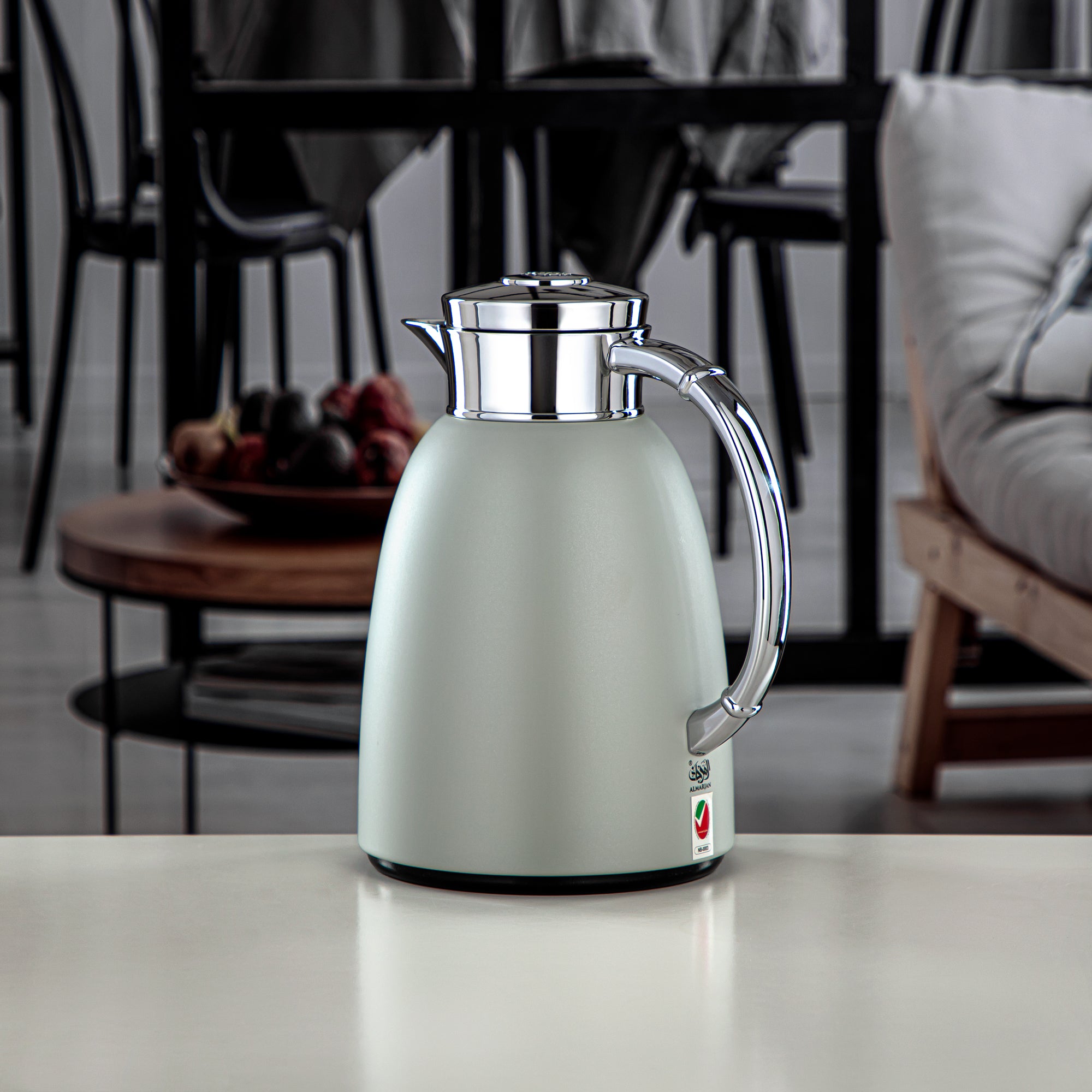 Almarjan Vacuum Flask 1.0L (QVC-1000Q265YZC) - Push Button, Stone Grey & Silver | Modern Serveware