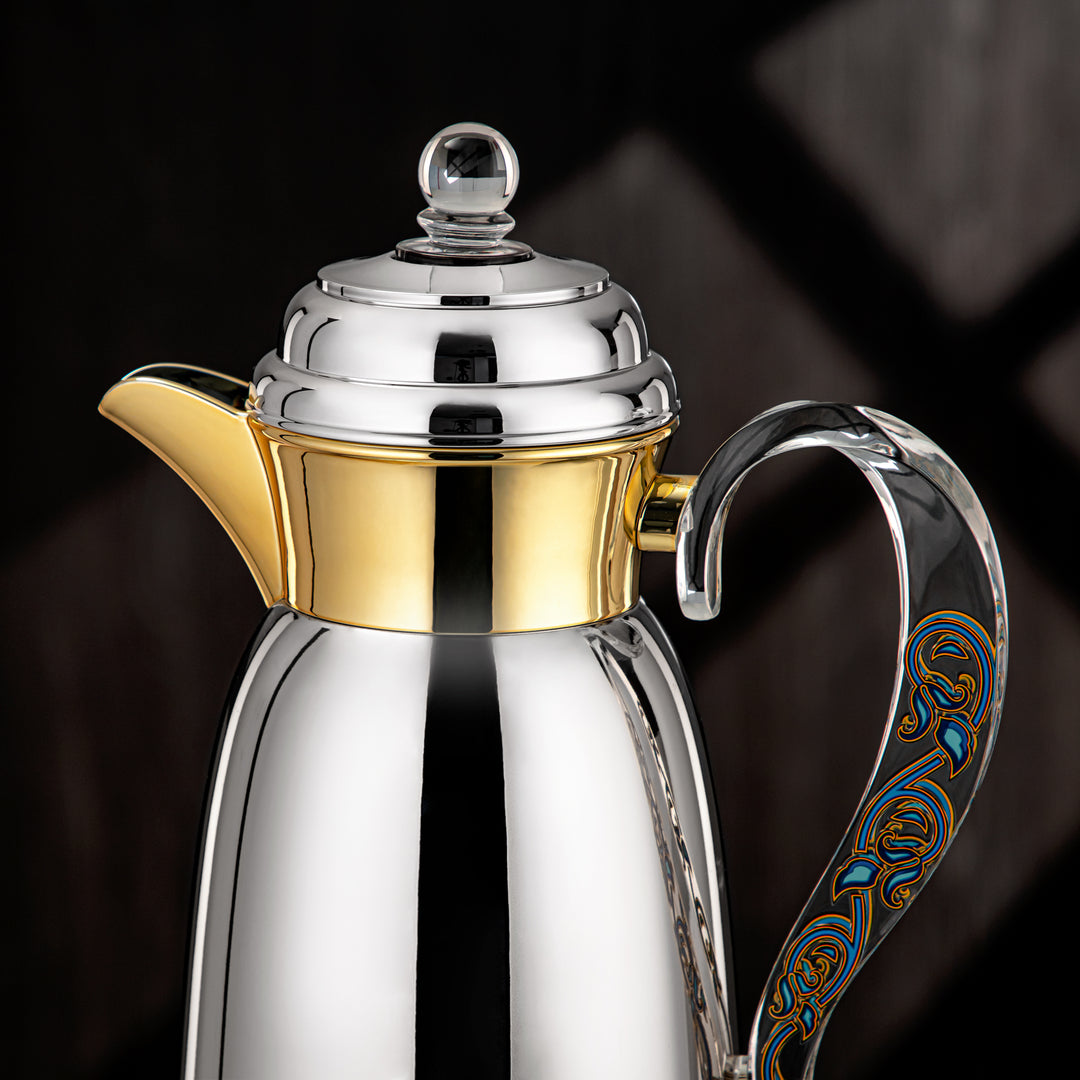 Almarjan Vacuum Flask Set for Tea & Coffee – Traditional Arabic Design, 0.7L & 1L, Silver & Gold Finish, Item #SM-2A29-070/100 C/G/BLU