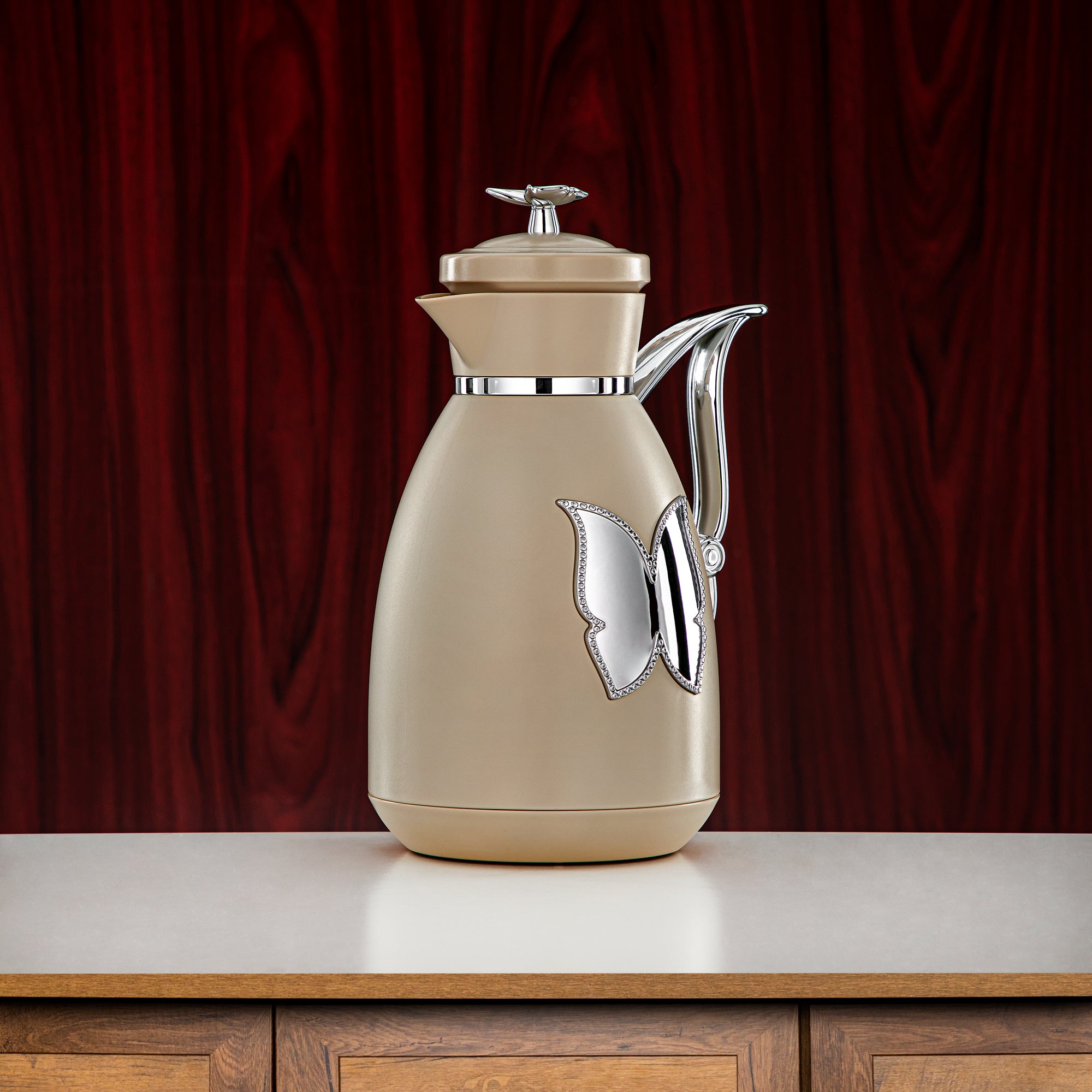 Almarjan Vacuum Flask Set Plastic Push Button 0.7L + 1L Beige & Silver (SM-2C142-070/100 BG/C) - Tea & Coffee Flask