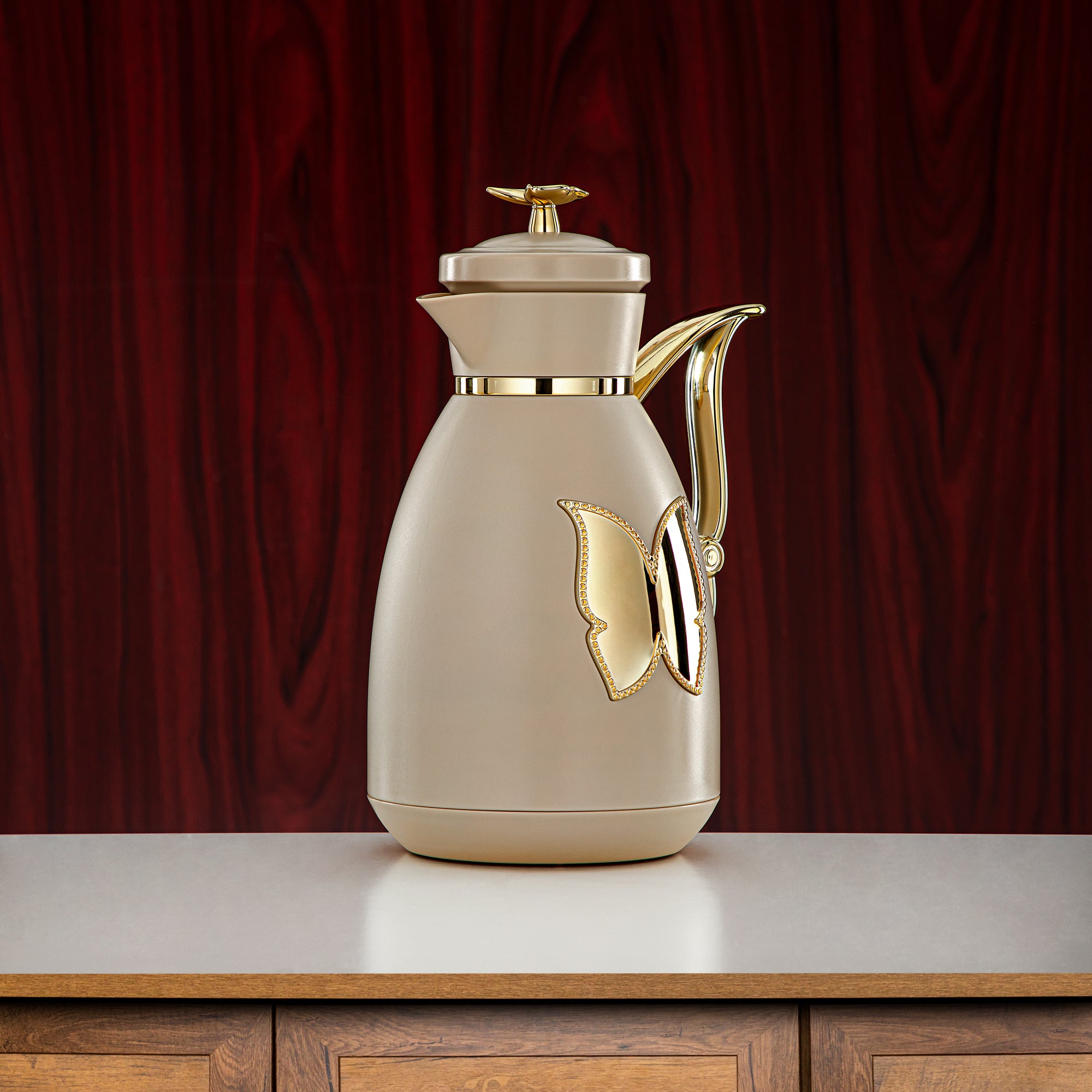 Almarjan Vacuum Flask Set Plastic Push Button 0.7L + 1L Beige & Gold (SM-2C142-070/100 BG/G) - Tea & Coffee Flask