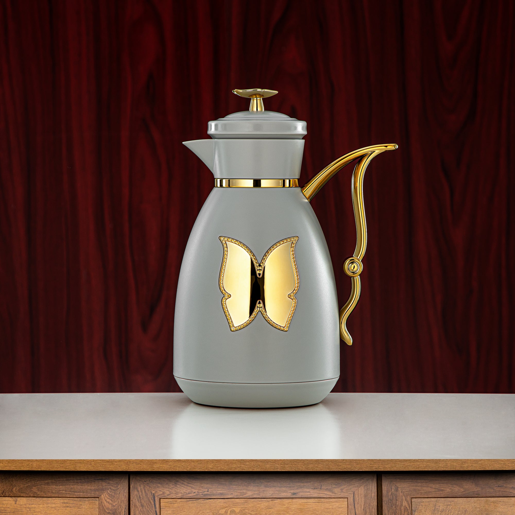 Almarjan Vacuum Flask Set Plastic Push Button 0.7L + 1L Light Grey & Gold (SM-2C142-070/100 LG/G) - Tea & Coffee Flask