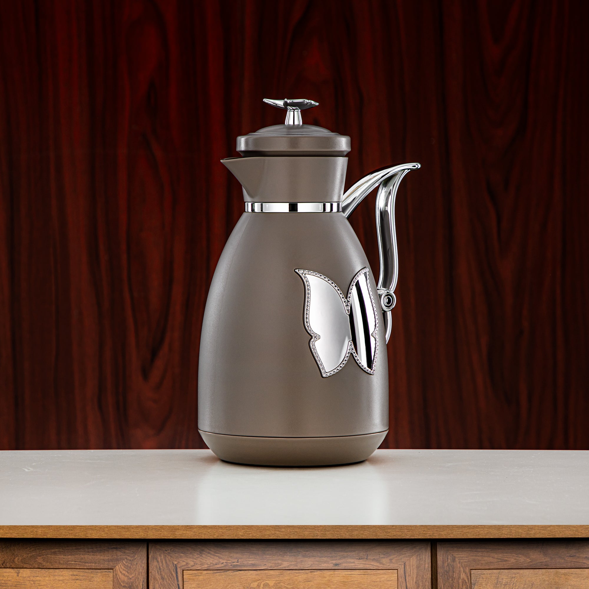 Almarjan Vacuum Flask Set Plastic Push Button 0.7L + 1L Coffee & Silver (SM-2C142-070/100 WG/C) - Tea & Coffee Flask