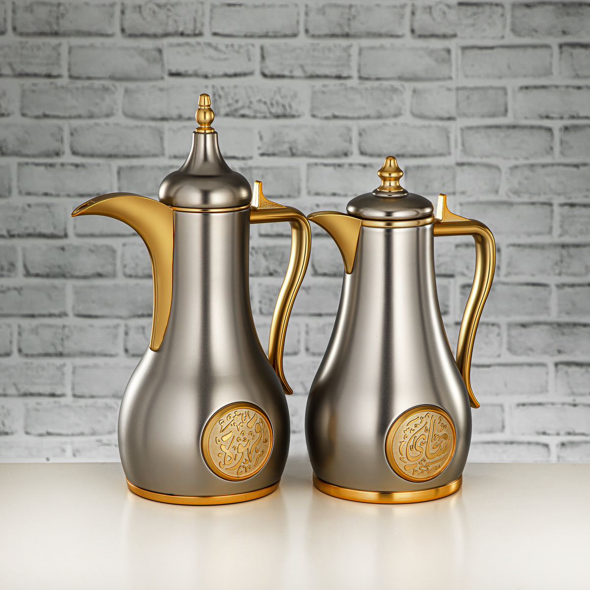 Almarjan Vacuum Flask Set, Push Button - 1L + 1L, Matt Silver & Matt G