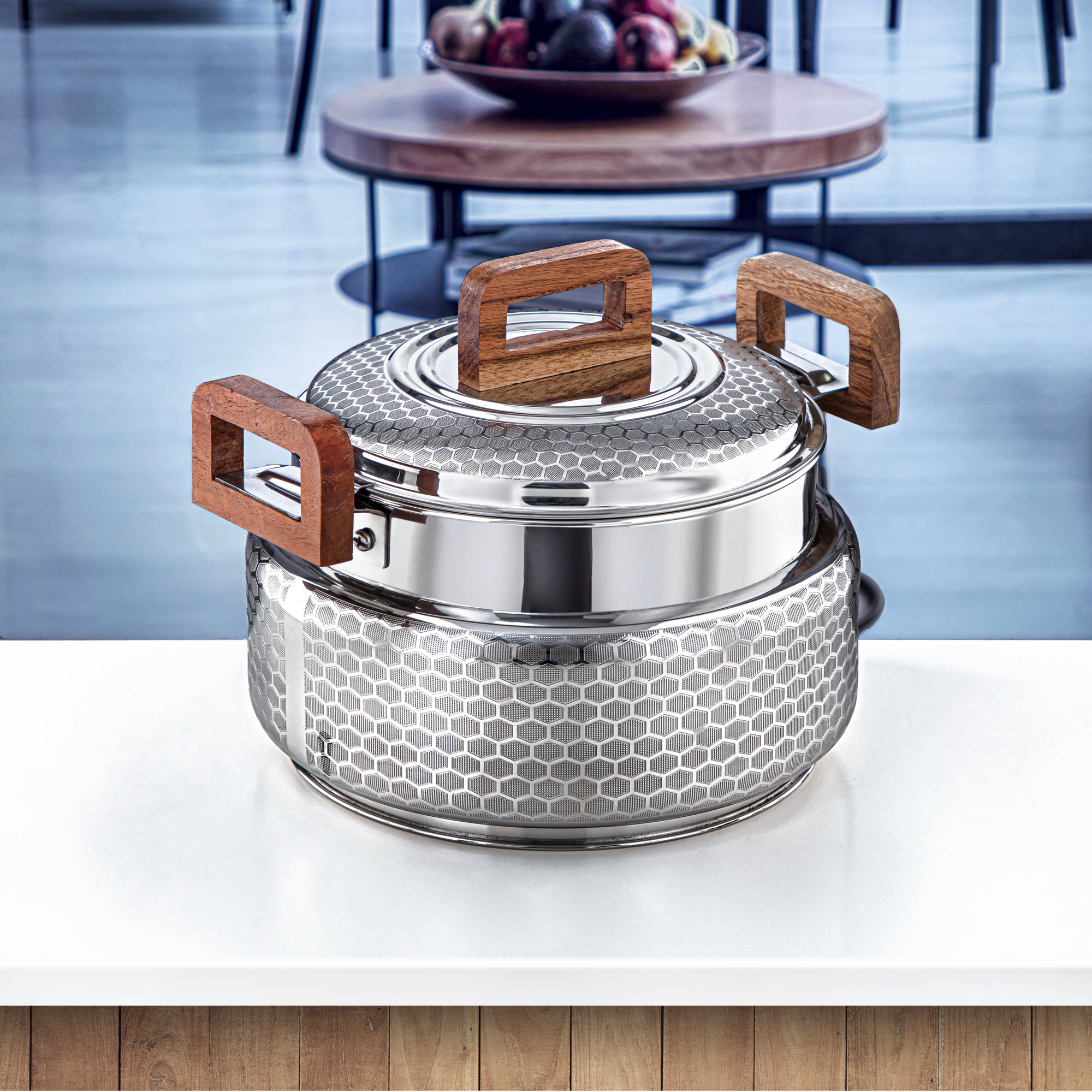 Almarjan 3000 ML Darin Collection Stainless Steel Hot Pot Silver & Wood - H24E6