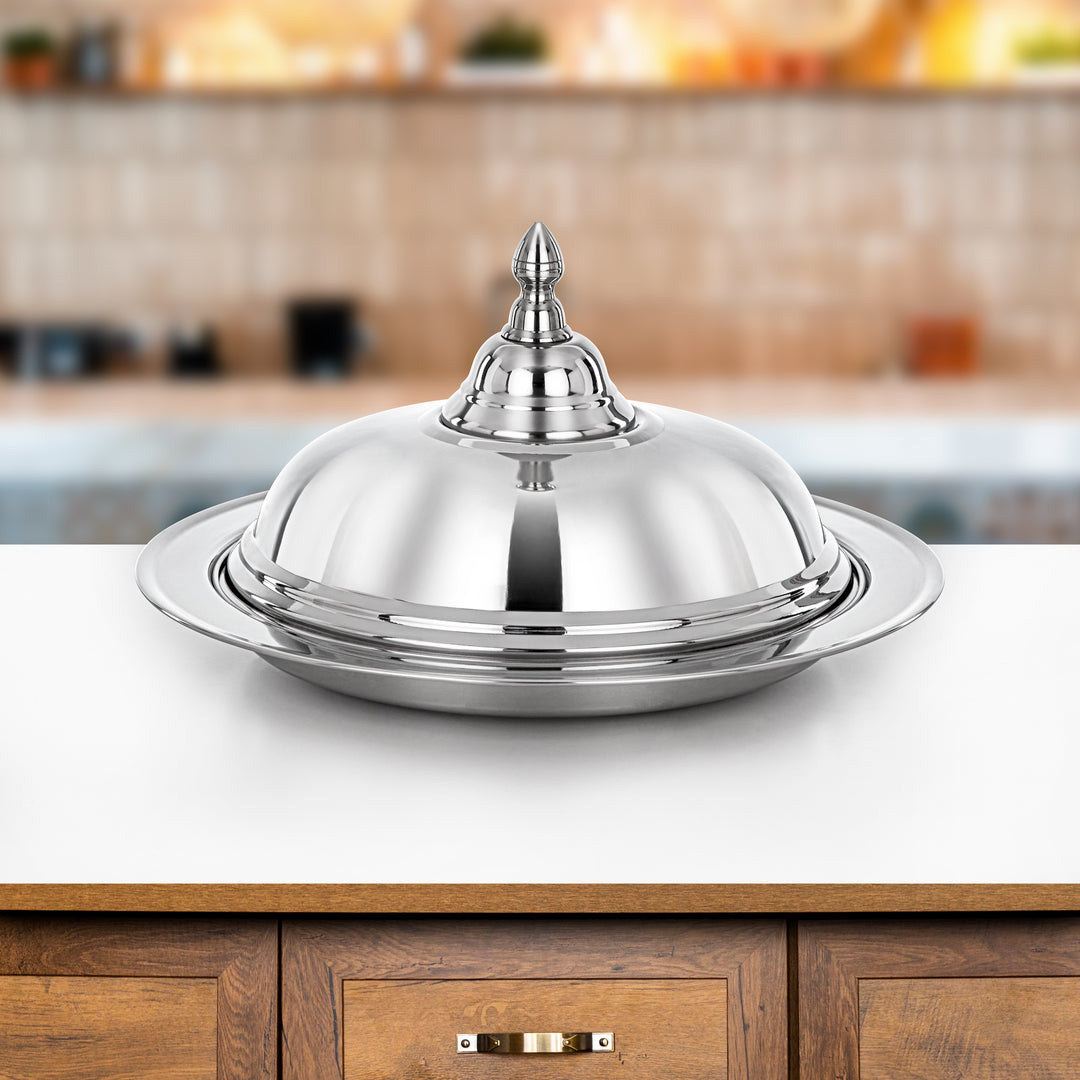 Almarjan Diwan Koozy Tray - 40CM Stainless Steel with Dome Cover, Mirror-Finish Serveware (H24P2)