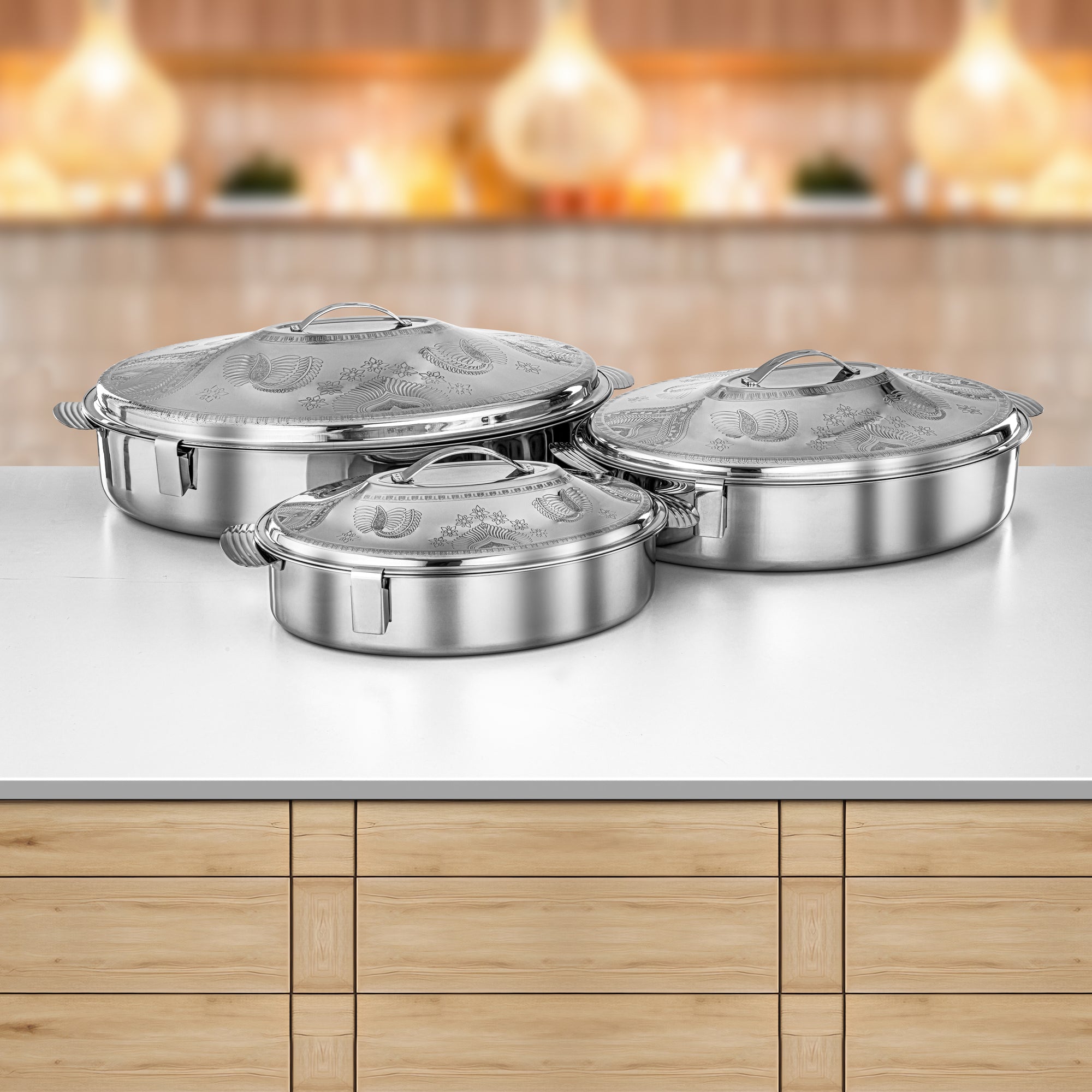 Almarjan Hot Pot Set Stainless Steel 40cm + 50cm + 60cm (H24E17) – Mandi Collection | Elegant Serving for Ramadan & Gatherings