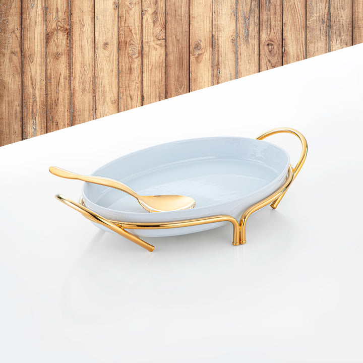 Almarjan Gold-Plated Oval Serving Tray with Porcelain Bowl - 45CM, Made in Italy