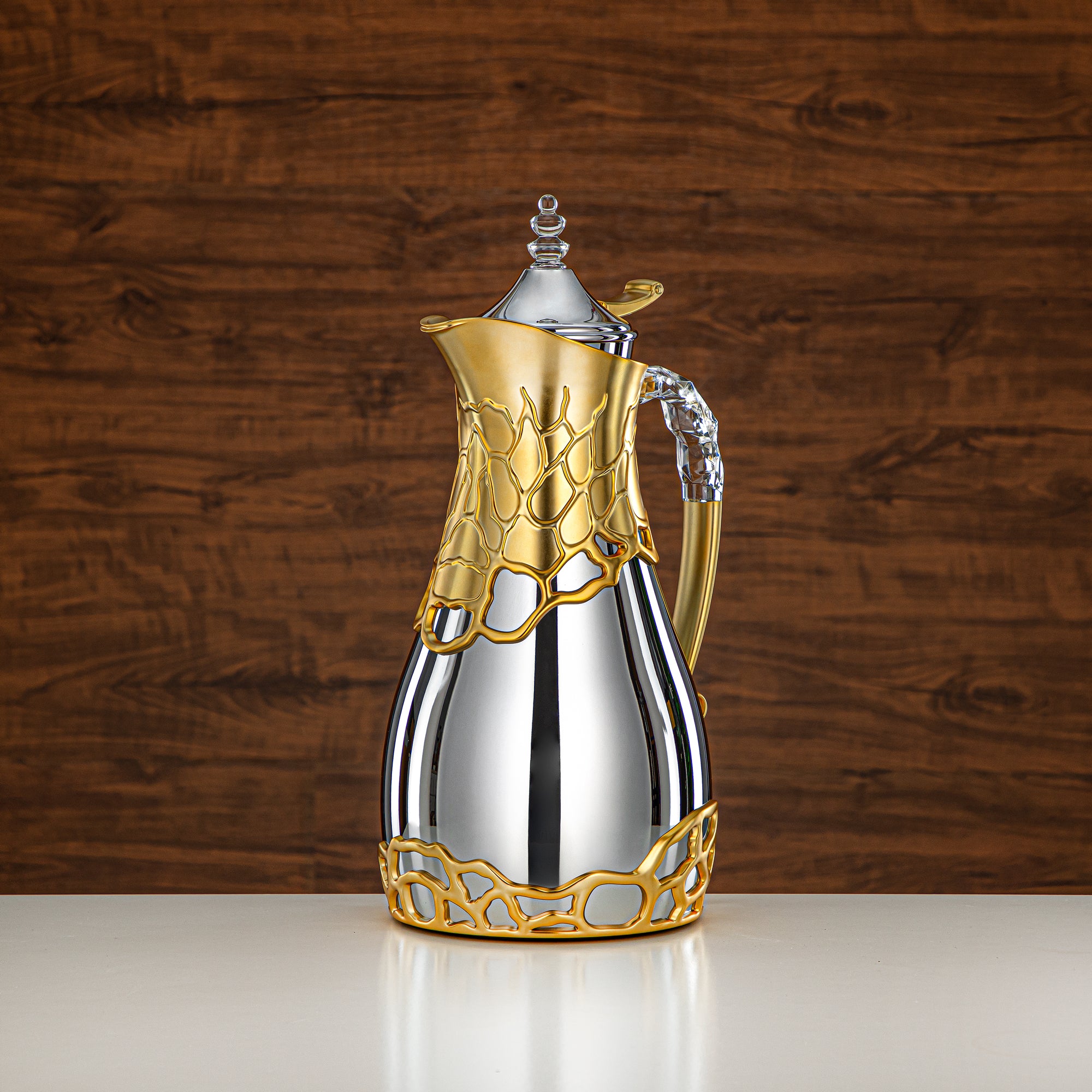 Almarjan Vacuum Flask Set Metal Body 0.7L & 1L ABS & Acrylic Handle (VBC-0700/1000 CE22) – Silver & Matt Gold Tea & Coffee Serving