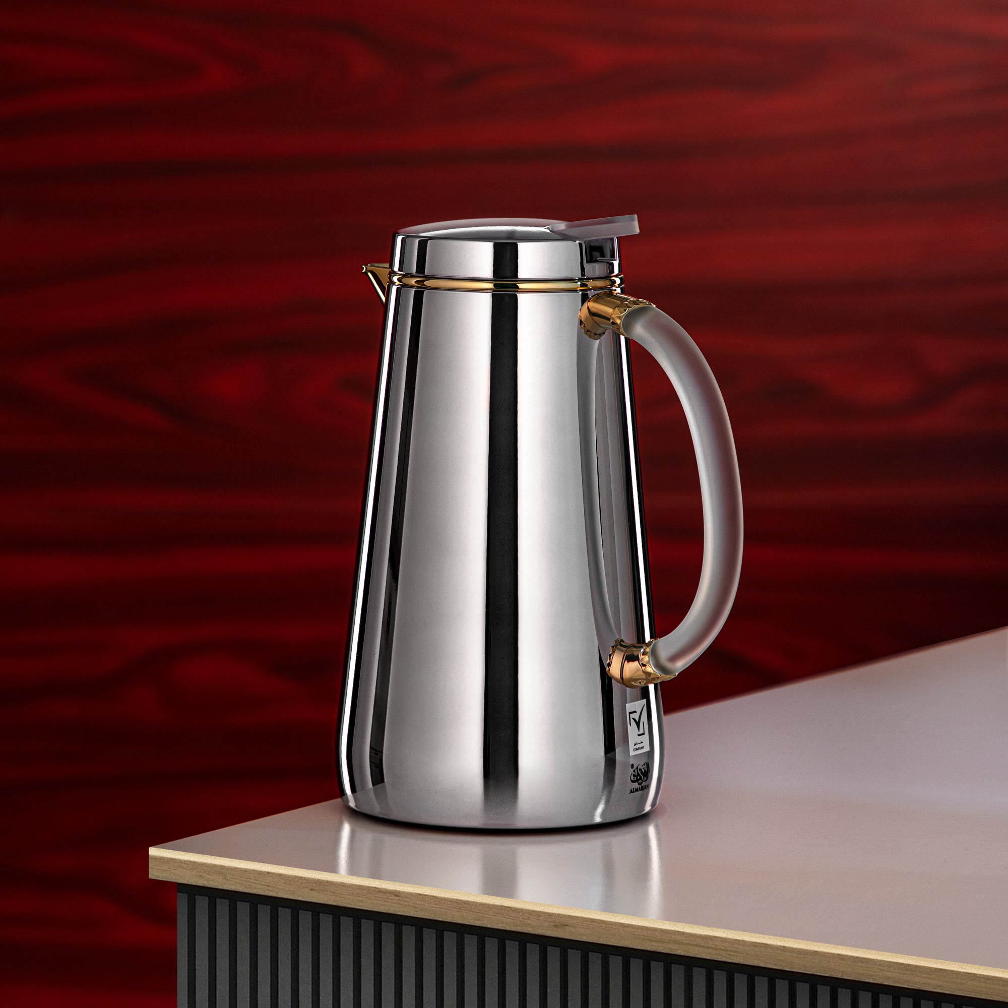 Almarjan Vacuum Flask Metal 0.7 Liter Silver with Golden Spout & Frost Handle (VOP-700 CC95Y15) – Elegant Serving | Ramadan & Gatherings