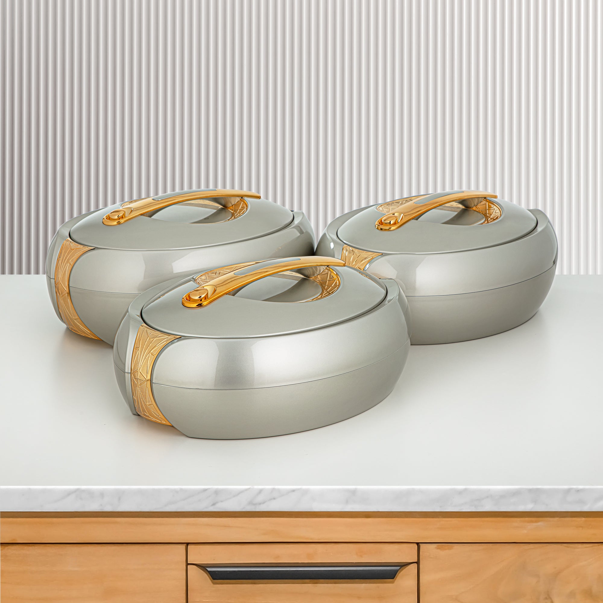 Almarjan 3 Pieces Plastic Hot Pot Set Light Grey & Gold - ZM LG/G